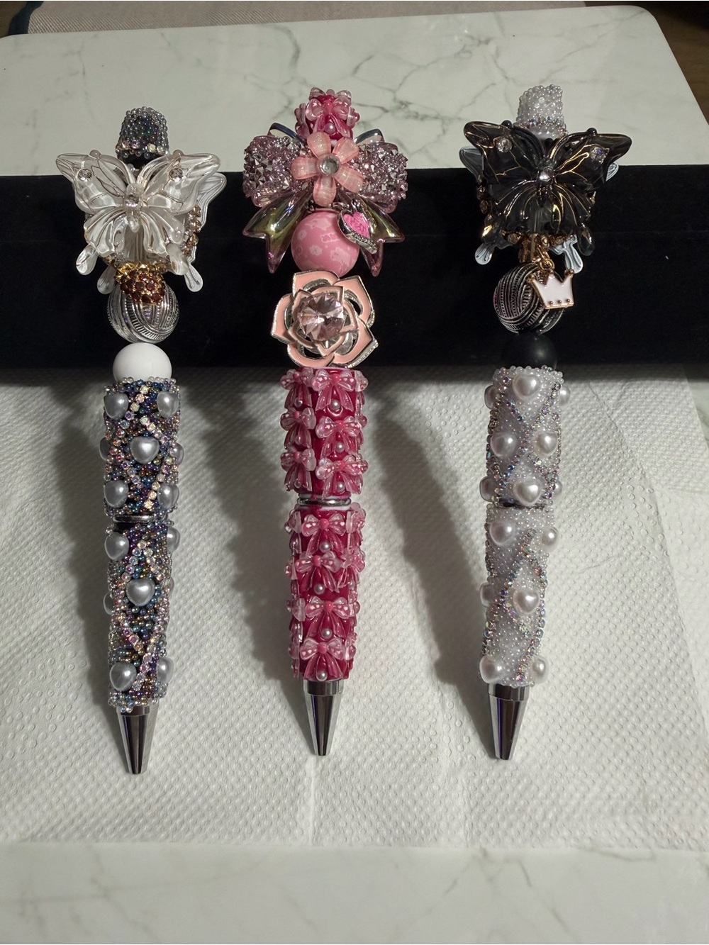Pink Black and Silver Crystal-Embellished Ballpoint pens with small charm